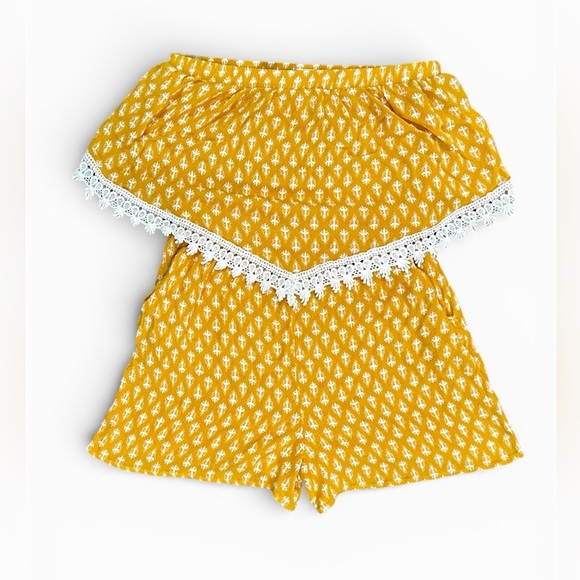 Xhilaration Pants - Xhilaration Yellow Off Shoulder Romper Lace Trim Pockets Boho Summer Size Medium